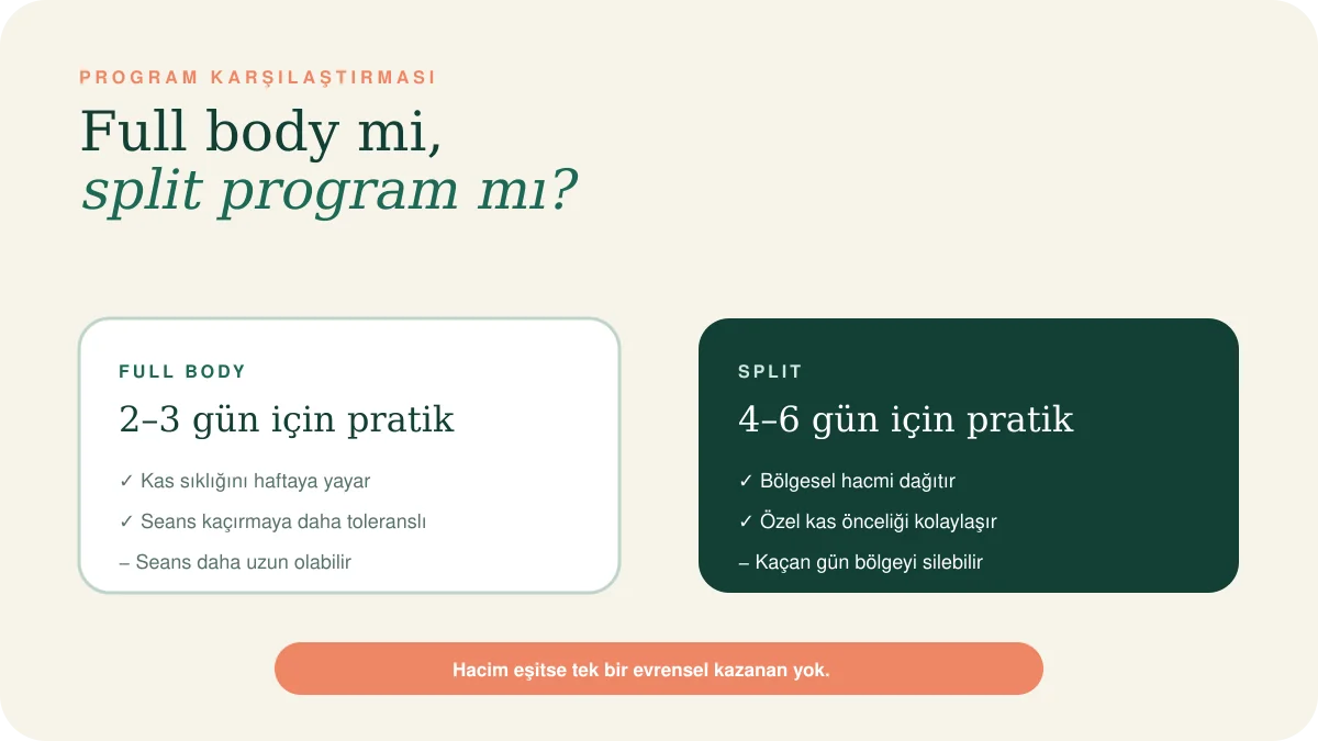 Full body ve split antrenman programlarının haftalık gün sayısı, kas sıklığı ve seans yapısı açısından karşılaştırması