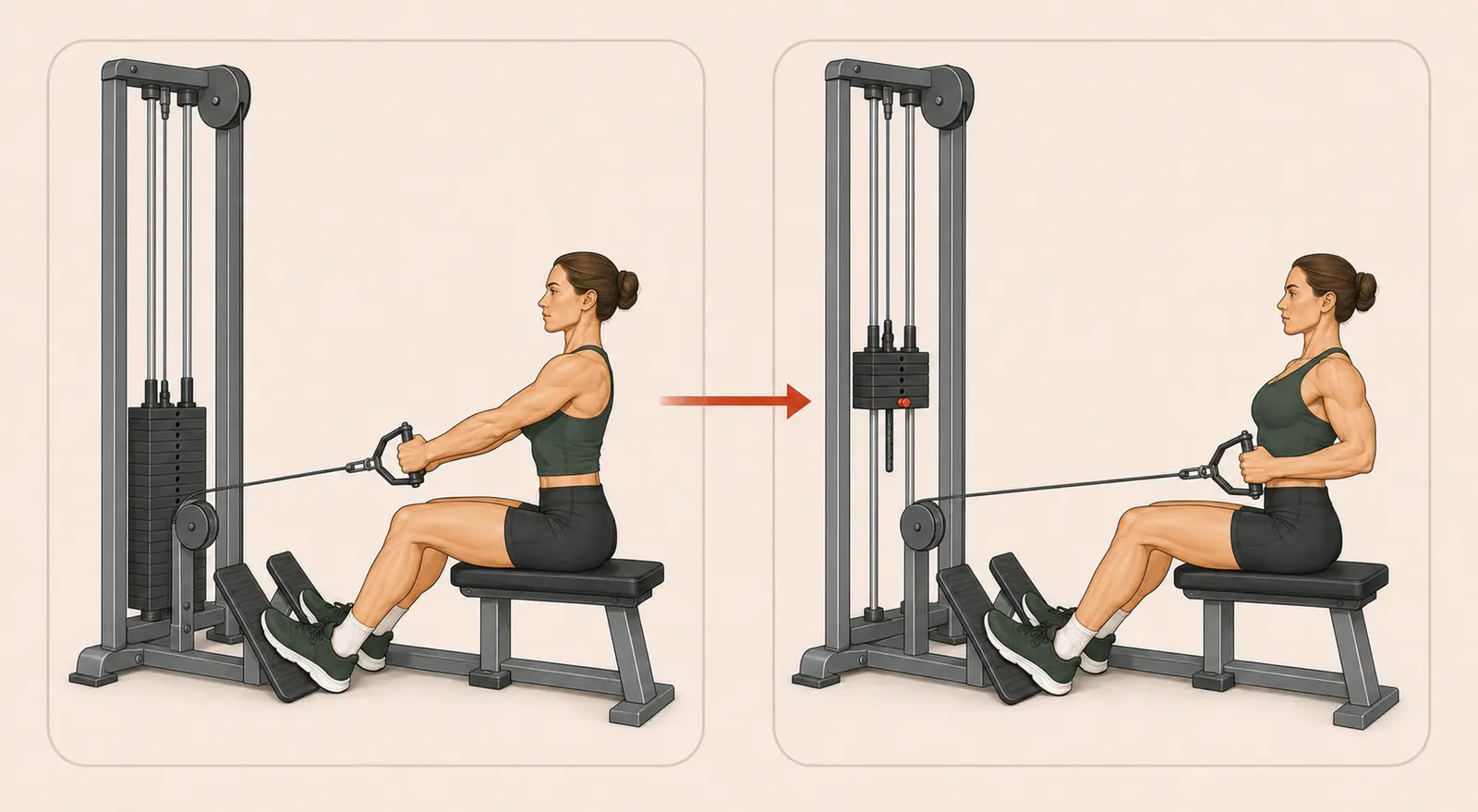 Seated Cable Row hareketinin kollar uzatılmış başlangıç ve tutacak gövdeye çekilmiş bitiş pozisyonları