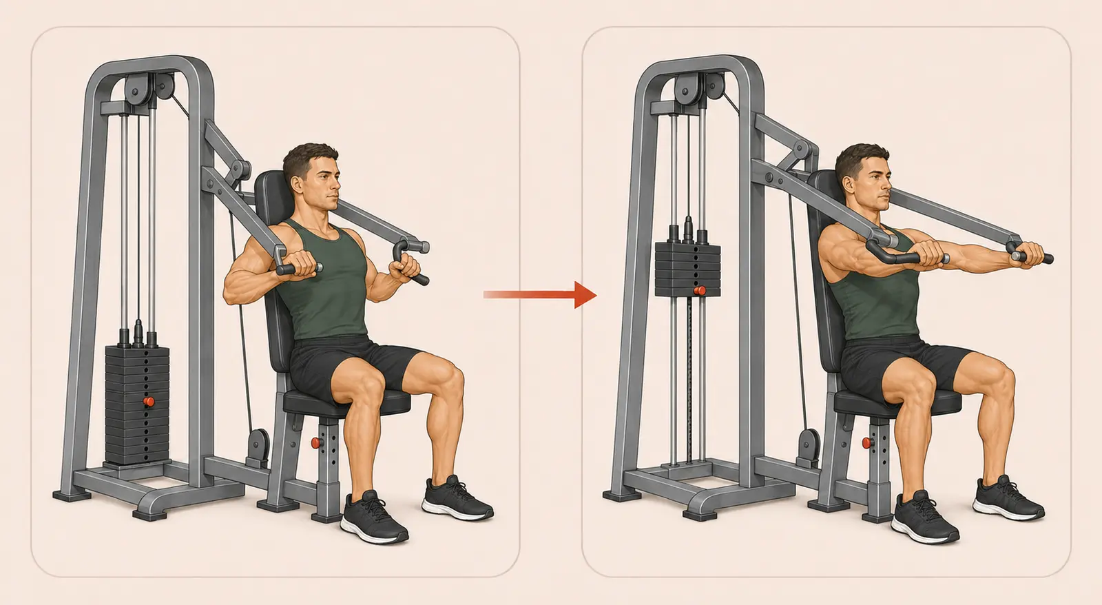 Chest Press hareketinin tutacaklar göğüs hizasında başlangıç ve kollar önde bitiş pozisyonları