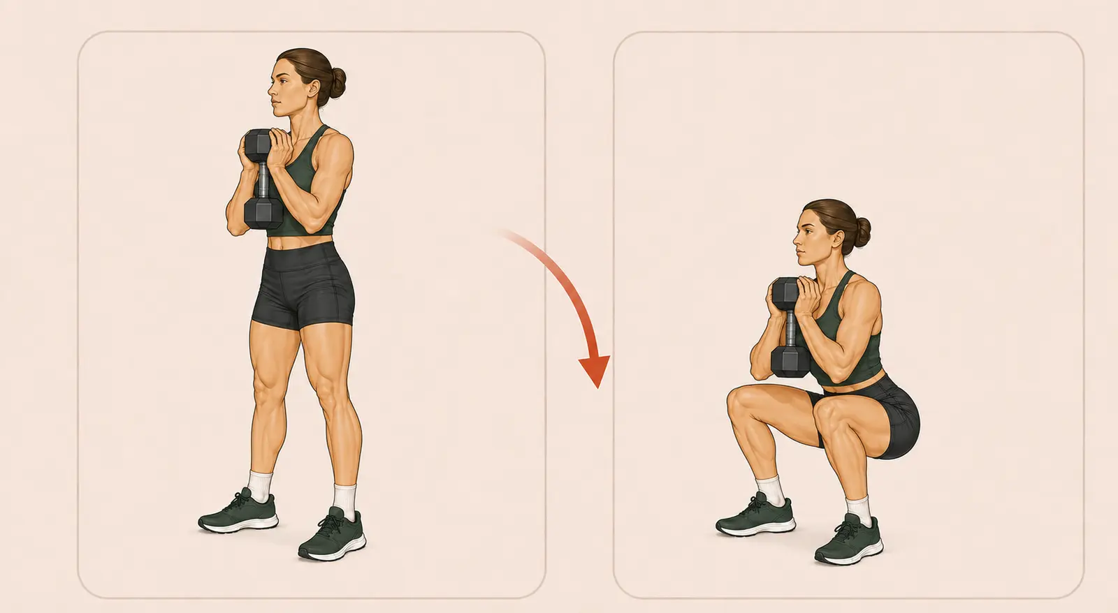 Goblet Squat hareketinin ayakta başlangıç ve kontrollü squat bitiş pozisyonları