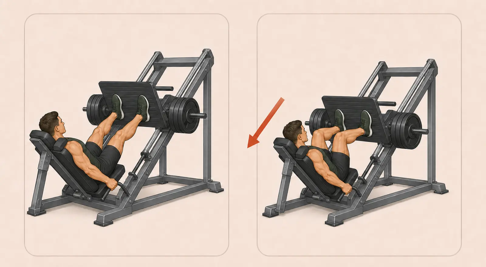 Leg Press hareketinin bacaklar uzatılmış başlangıç ve dizler bükülmüş dönüş pozisyonları