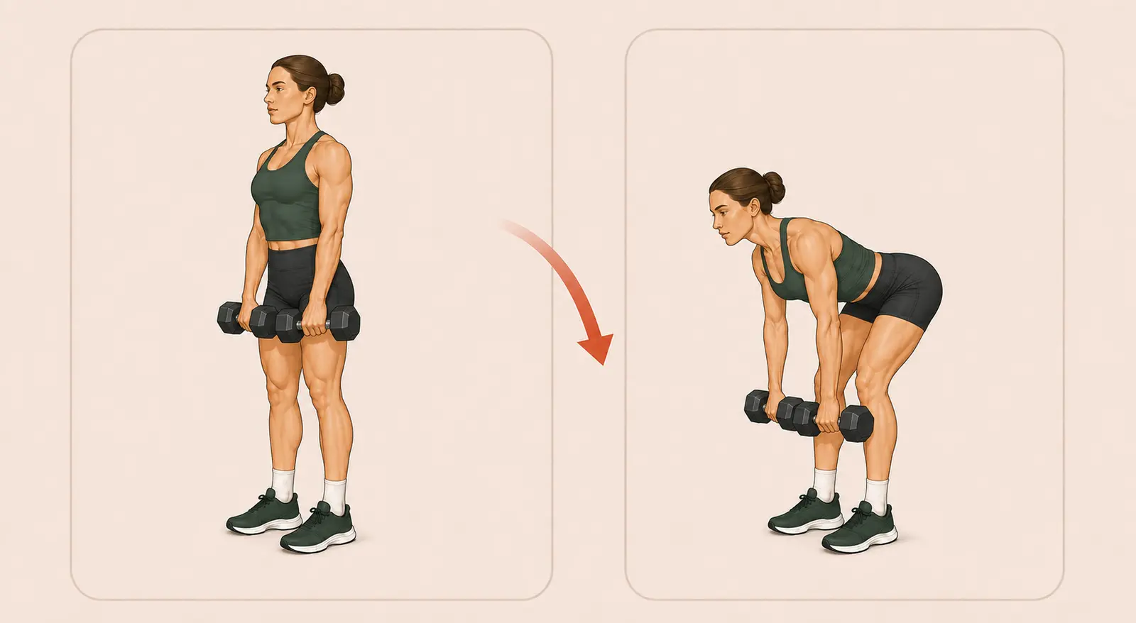 Dumbbell Romanian Deadlift hareketinin dik başlangıç ve kalçadan menteşelenmiş bitiş pozisyonları